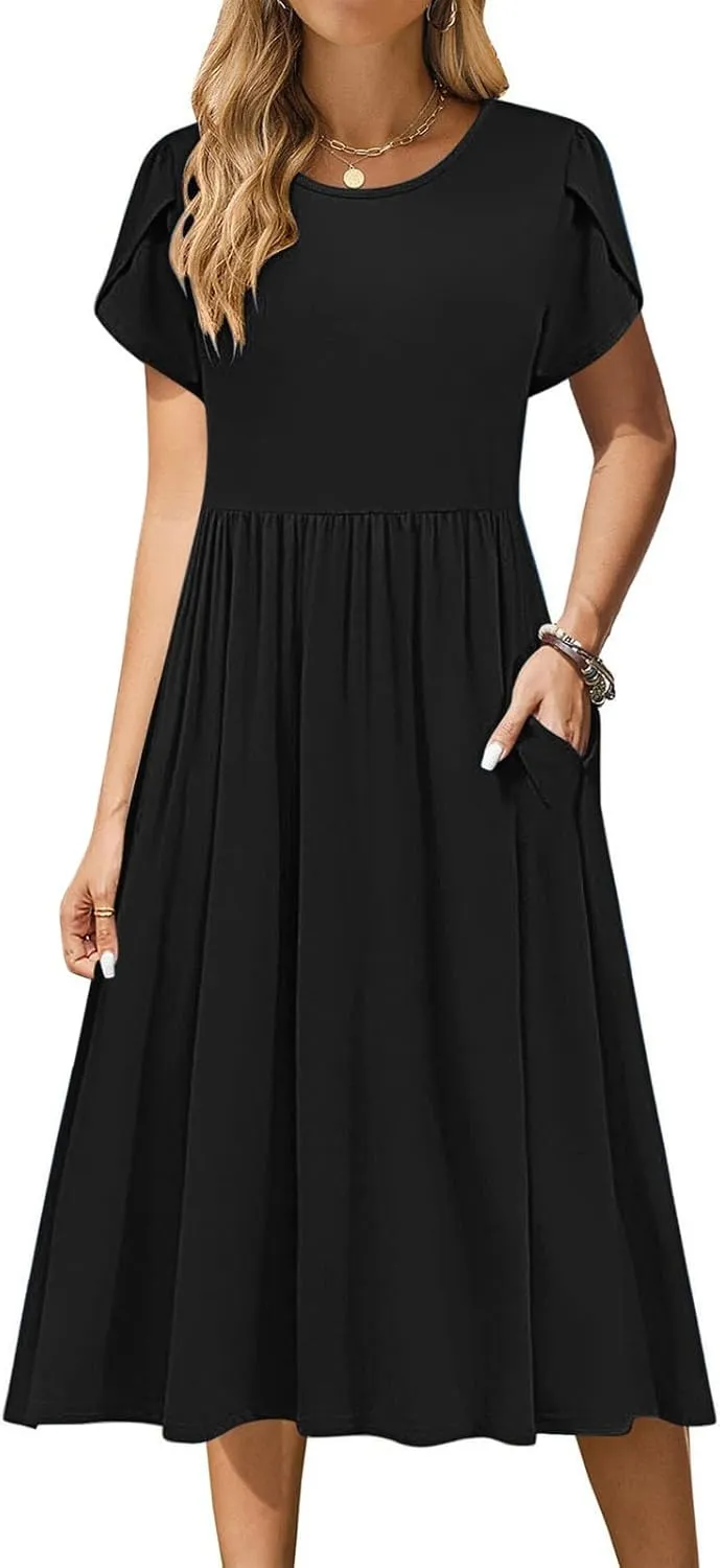 Aline Dress for Women Summer Short Sleeve Curvy Hem Dresses Vacation Boho Beach Sundress with Pockets