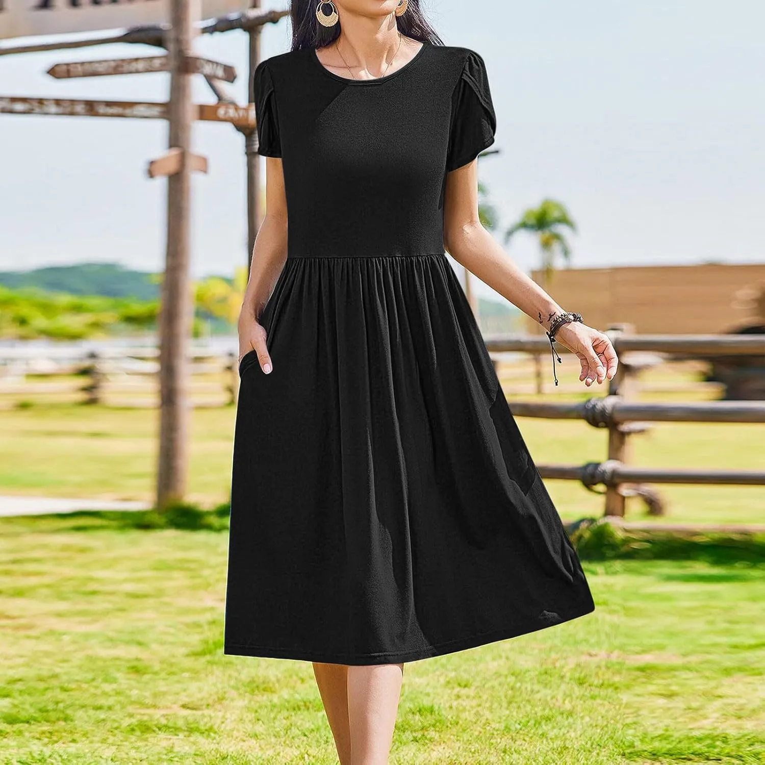 Aline Dress for Women Summer Short Sleeve Curvy Hem Dresses Vacation Boho Beach Sundress with Pockets