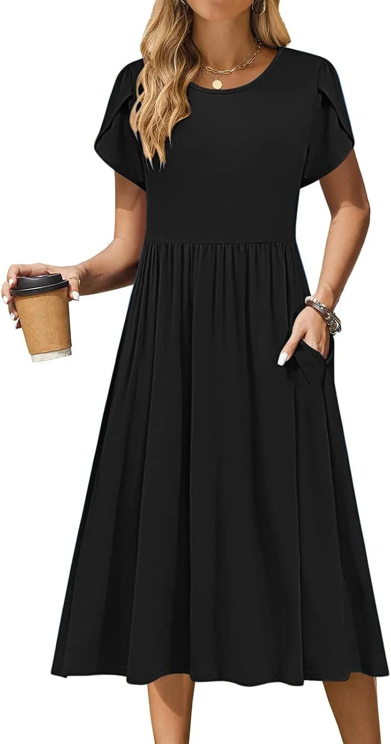 Aline Dress for Women Summer Short Sleeve Curvy Hem Dresses Vacation Boho Beach Sundress with Pockets