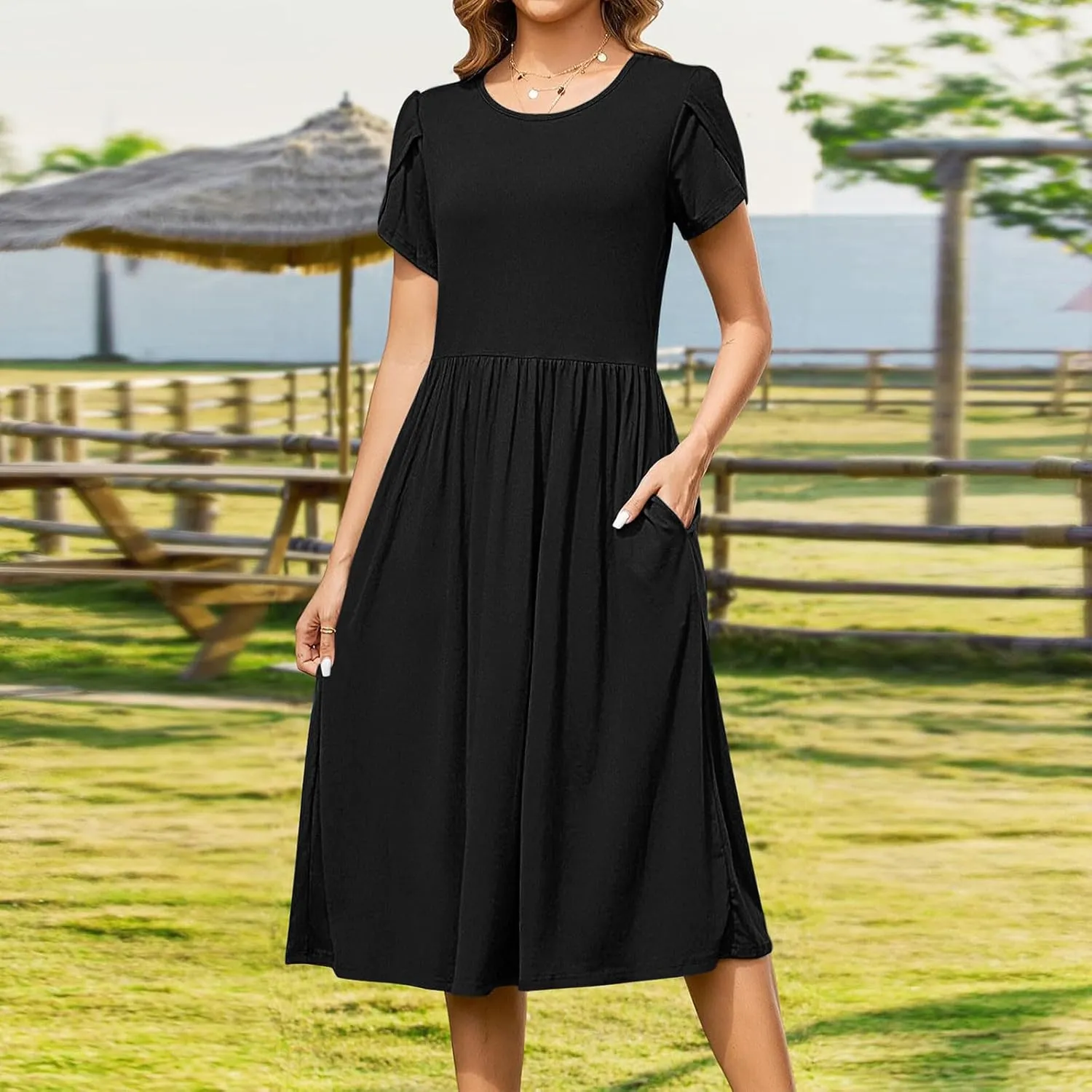 Aline Dress for Women Summer Short Sleeve Curvy Hem Dresses Vacation Boho Beach Sundress with Pockets