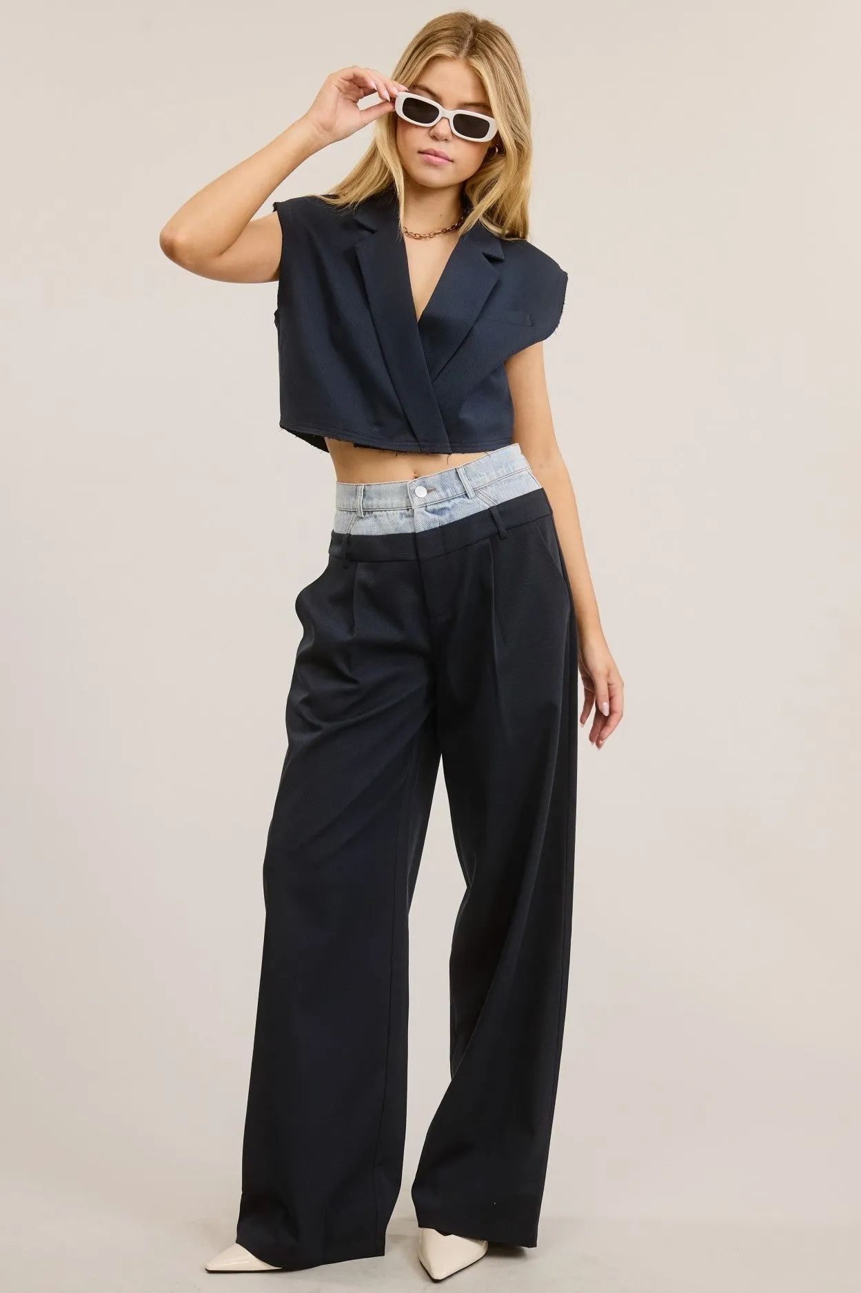 Black Denim Solid Wide-leg Pants