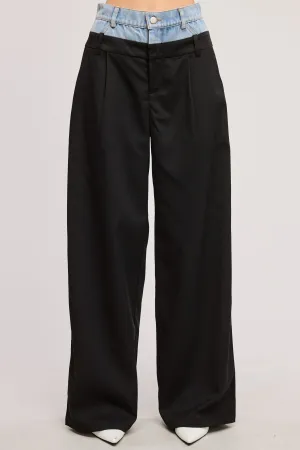 Black Denim Solid Wide-leg Pants