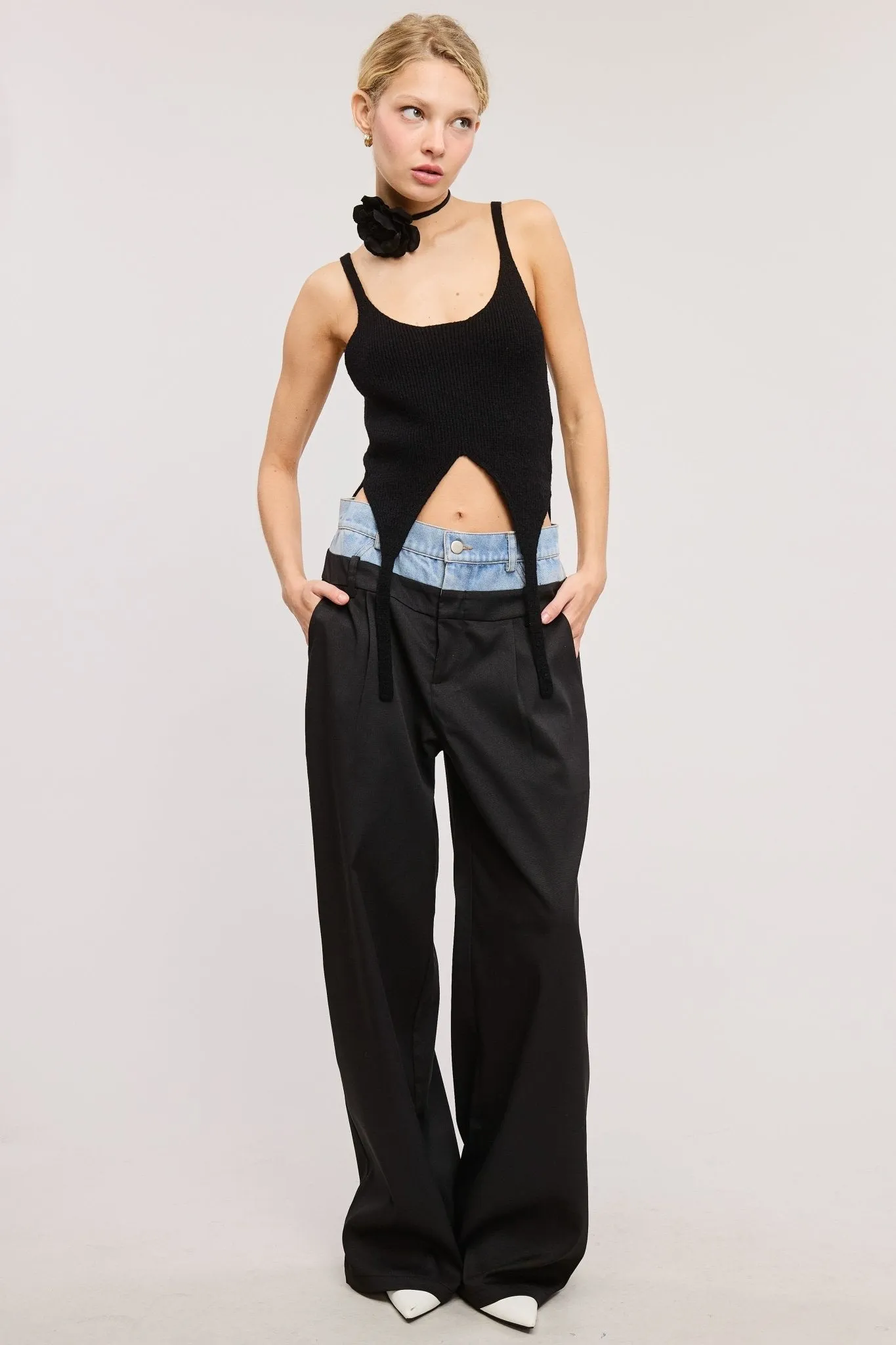 Black Denim Solid Wide-leg Pants