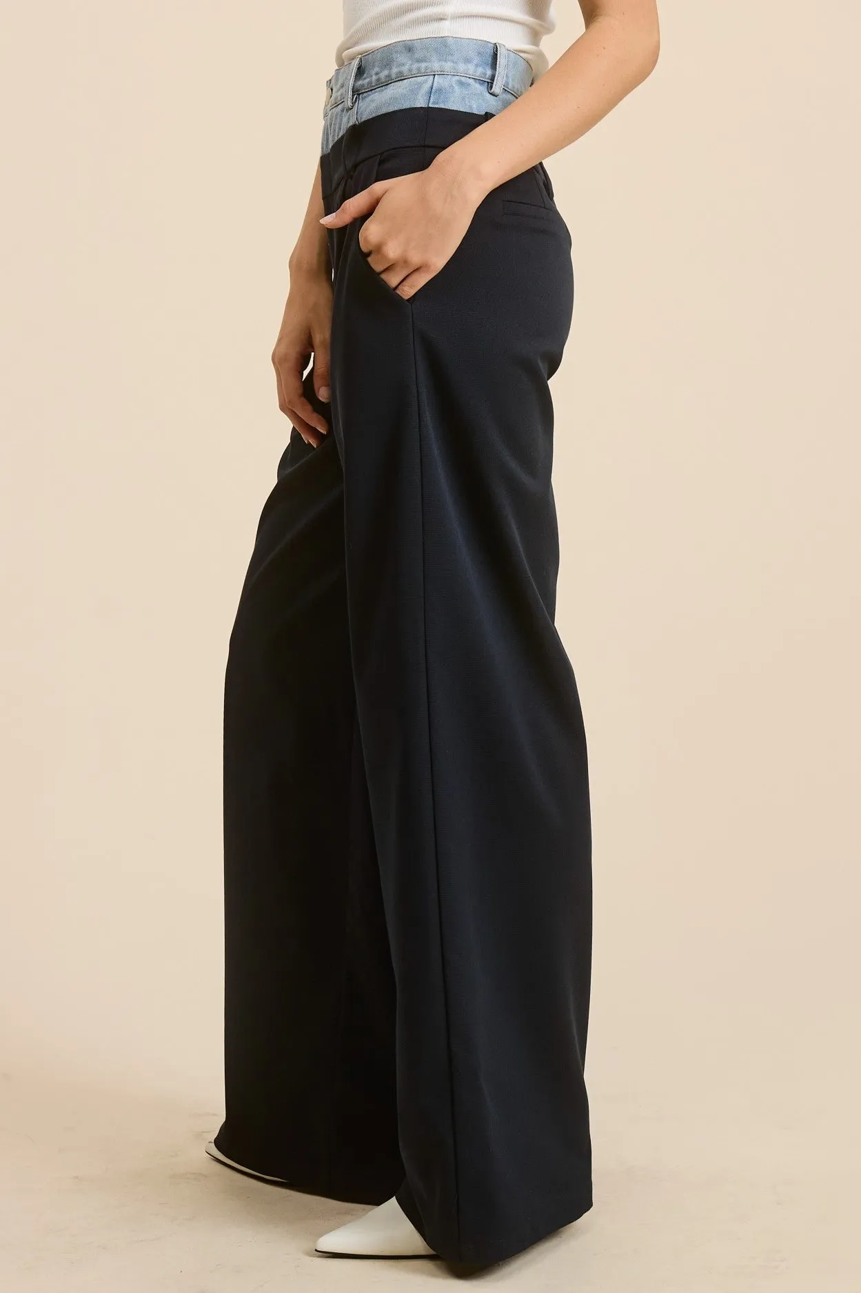 Black Denim Solid Wide-leg Pants