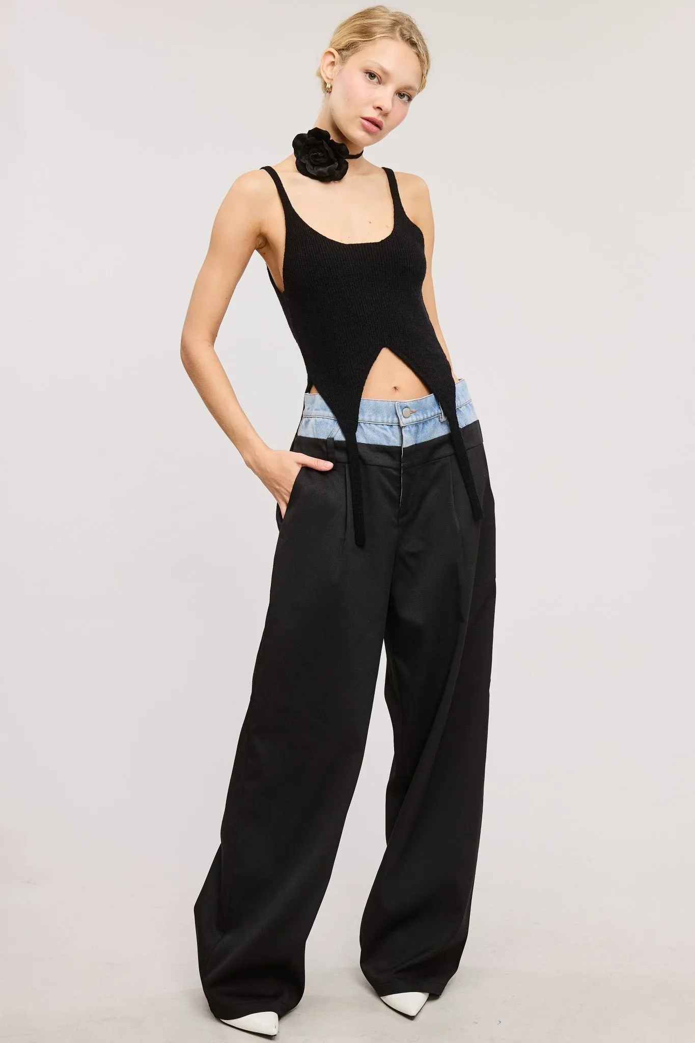 Black Denim Solid Wide-leg Pants
