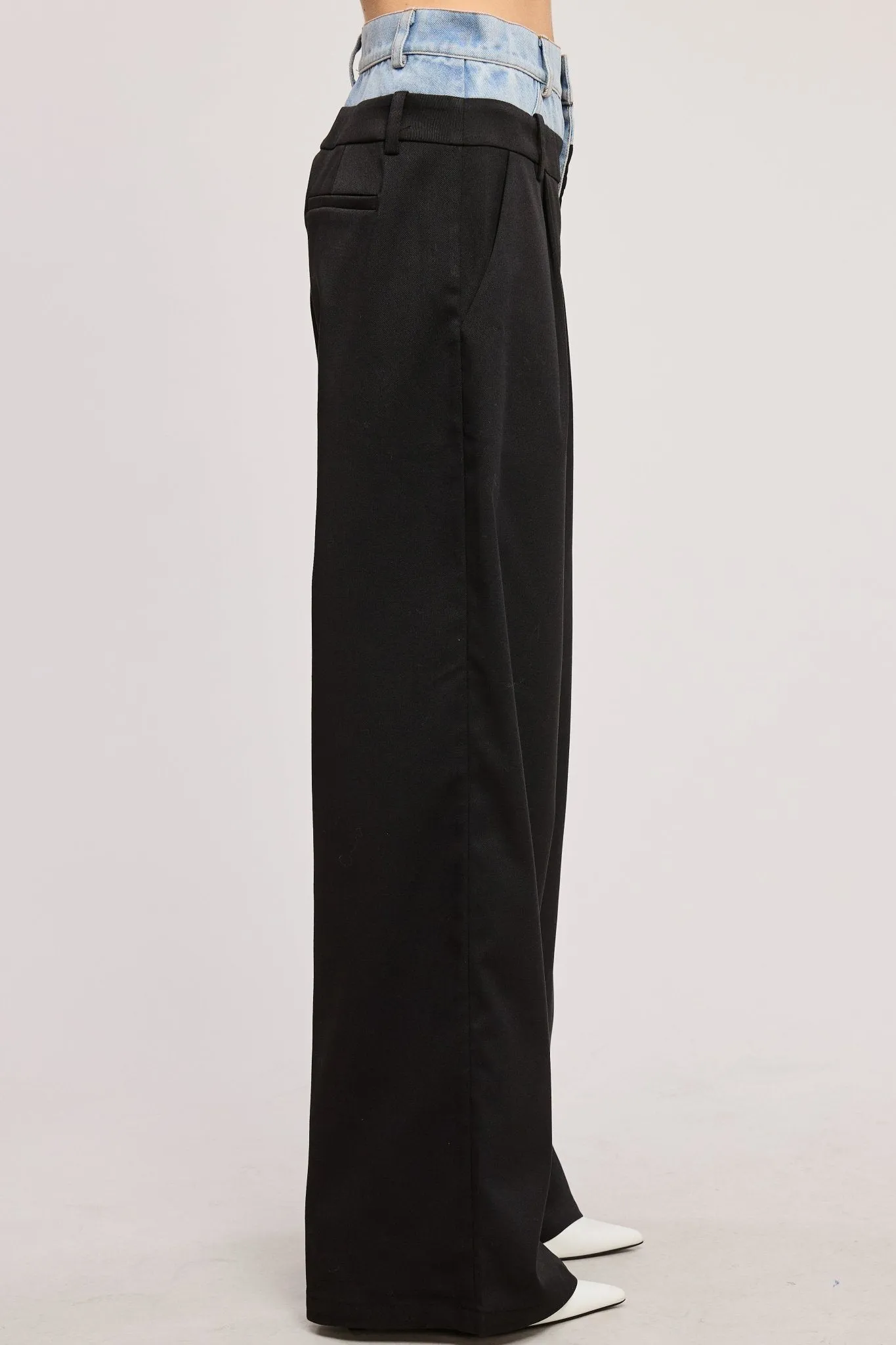 Black Denim Solid Wide-leg Pants