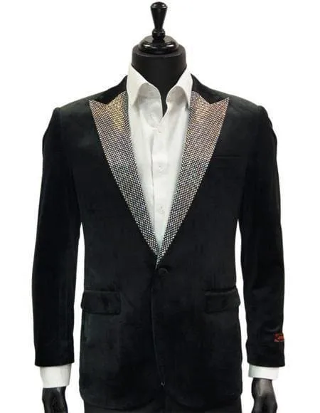 Black Velvet Blazer Tuxedo With Silver Dimond Lapel With Matching Bowtie