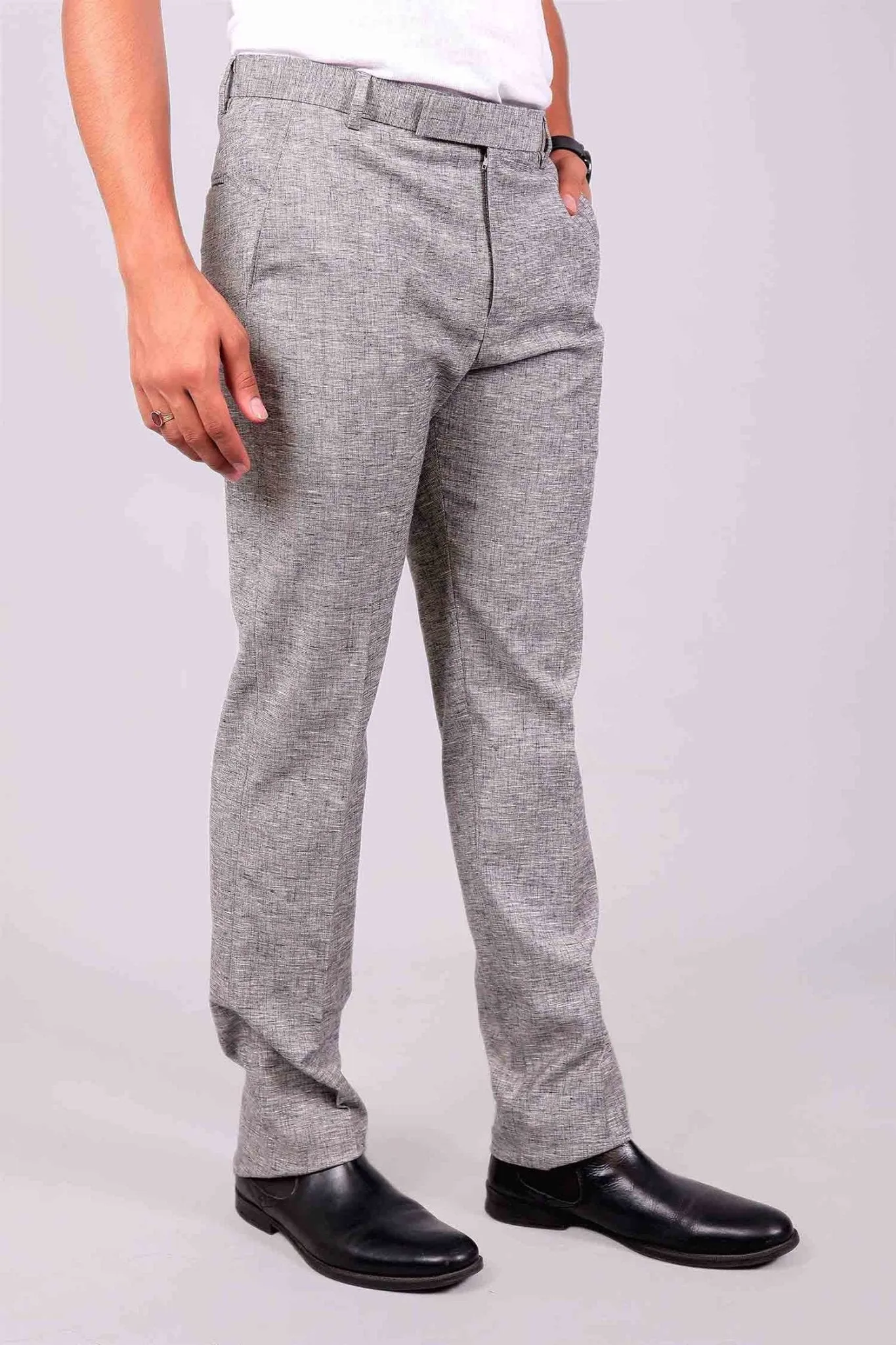 BlueBird Men's Light Grey Lycra Linen Trouser