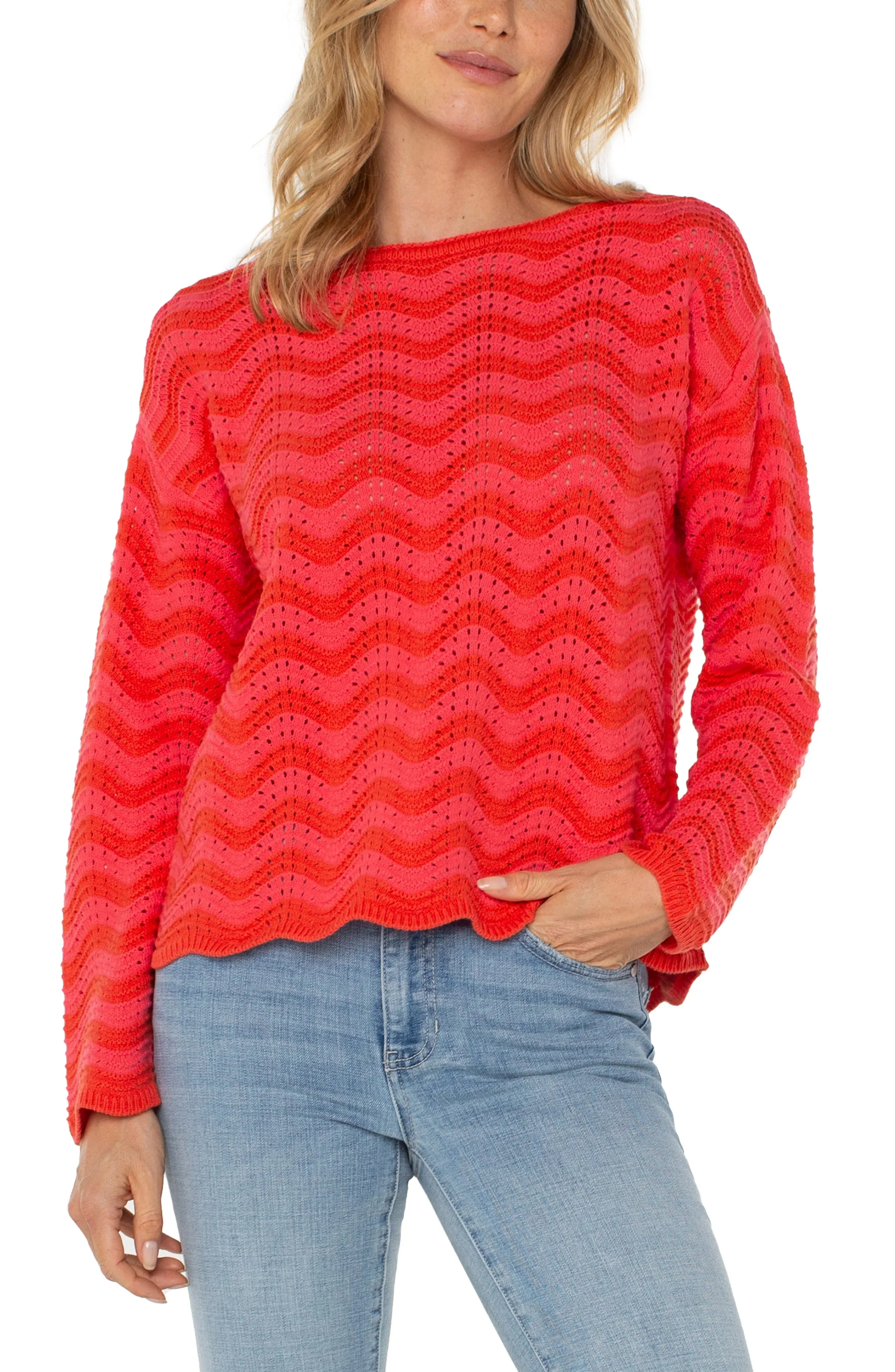 Boat Neck Sweater in Pink/Red Stripe