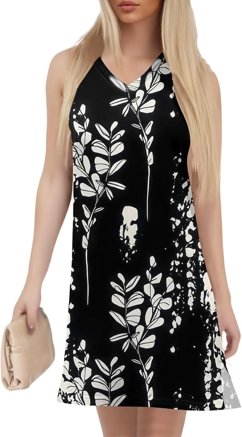 Boho Summer Dresses for Women 2025 V-Neck Beach Dress Vacation Women's Sleeveless Floral Sundress with Split