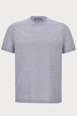 CANALI - Blue and White Striped Cotton and Linen T-Shirt T0003-MJ02041-300