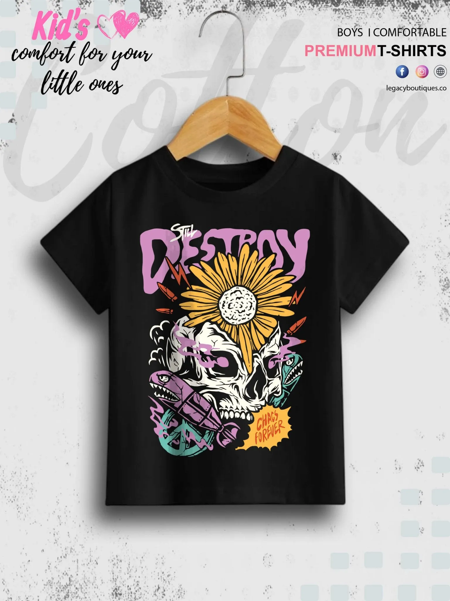 Chaos Forever Skull Printed Casual 1 To 11 Year Kids Boys Summer Time T-Shirt In Lowest Price Only In Dhaka