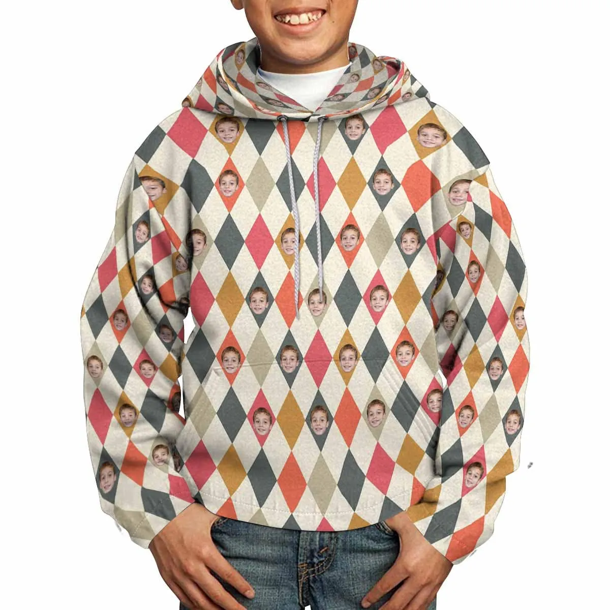 Custom Face Grid Box Hoodie for 5~15Y Youth Personalized Hooded Pullover Loose Hoodie