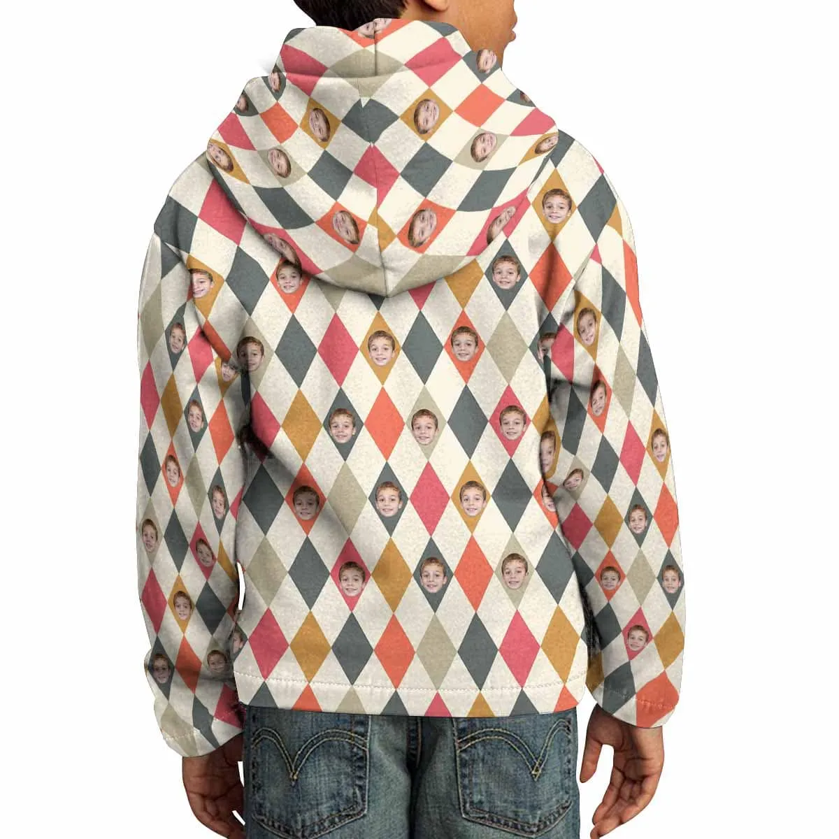 Custom Face Grid Box Hoodie for 5~15Y Youth Personalized Hooded Pullover Loose Hoodie