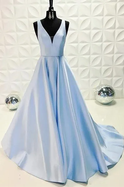 Custom Made A Line V Neck Blue Prom Dresses, Blue Formal Dress, V Neck Blue Evening Dresses