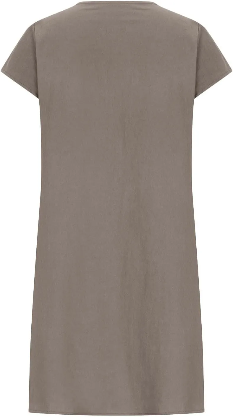 DDAPJ pyju Womens Linen Dress Summer Casual Pleated Round Neck Short Sleeve Mini Dress Loose Beach Vacation Sundress