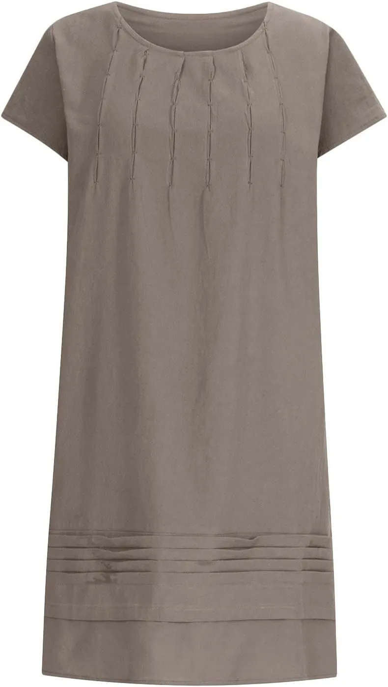 DDAPJ pyju Womens Linen Dress Summer Casual Pleated Round Neck Short Sleeve Mini Dress Loose Beach Vacation Sundress