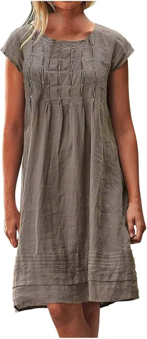 DDAPJ pyju Womens Linen Dress Summer Casual Pleated Round Neck Short Sleeve Mini Dress Loose Beach Vacation Sundress