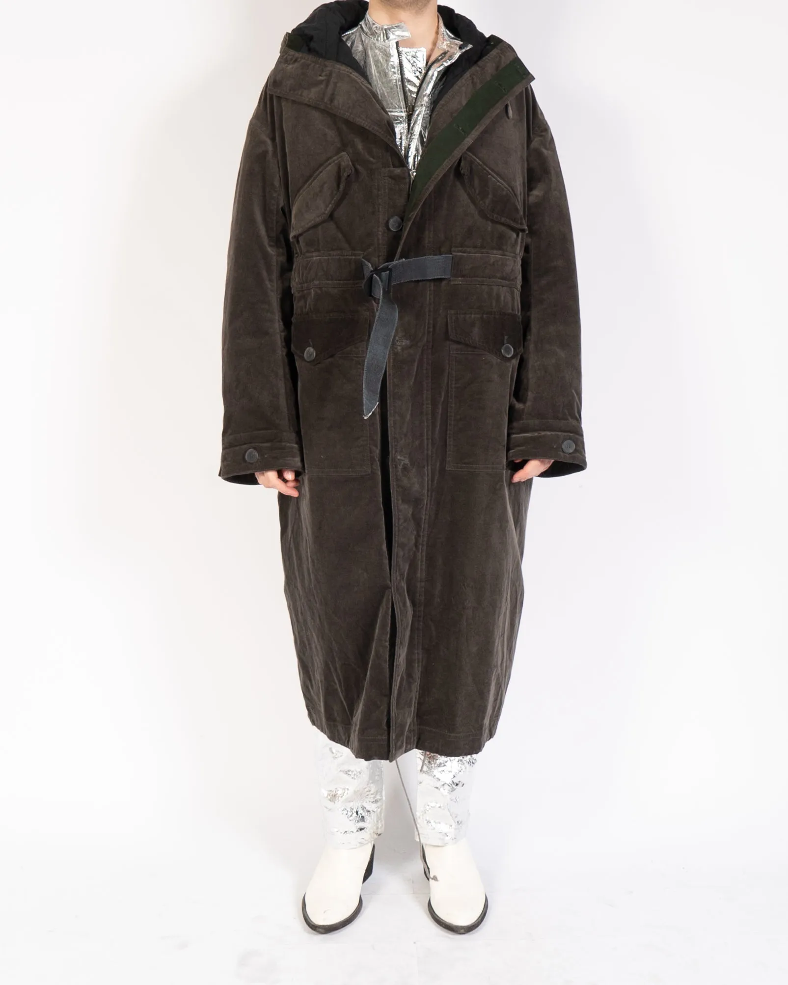 FW17 Grey Belted Velvet Overcoat