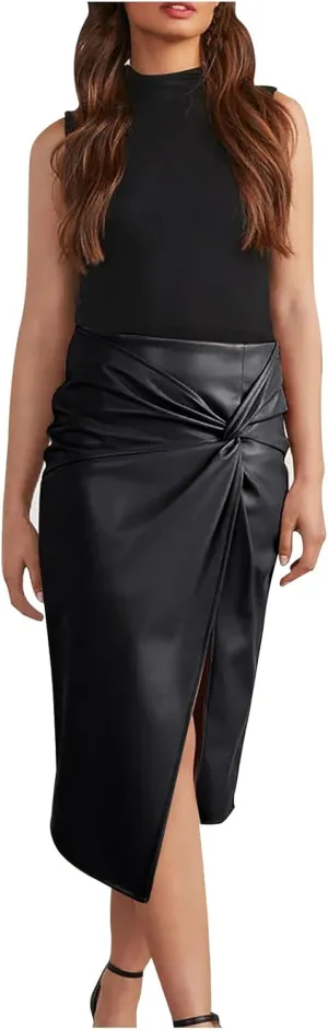 FZYLQY 2025 Women's Faux Leather Skirts High Waist Wrap Knit Bodycon Midi Skirt for Business Casual Pencil Skirt