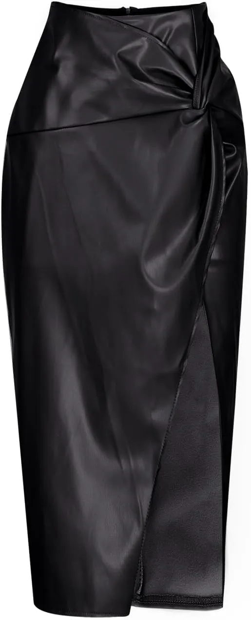 FZYLQY 2025 Women's Faux Leather Skirts High Waist Wrap Knit Bodycon Midi Skirt for Business Casual Pencil Skirt