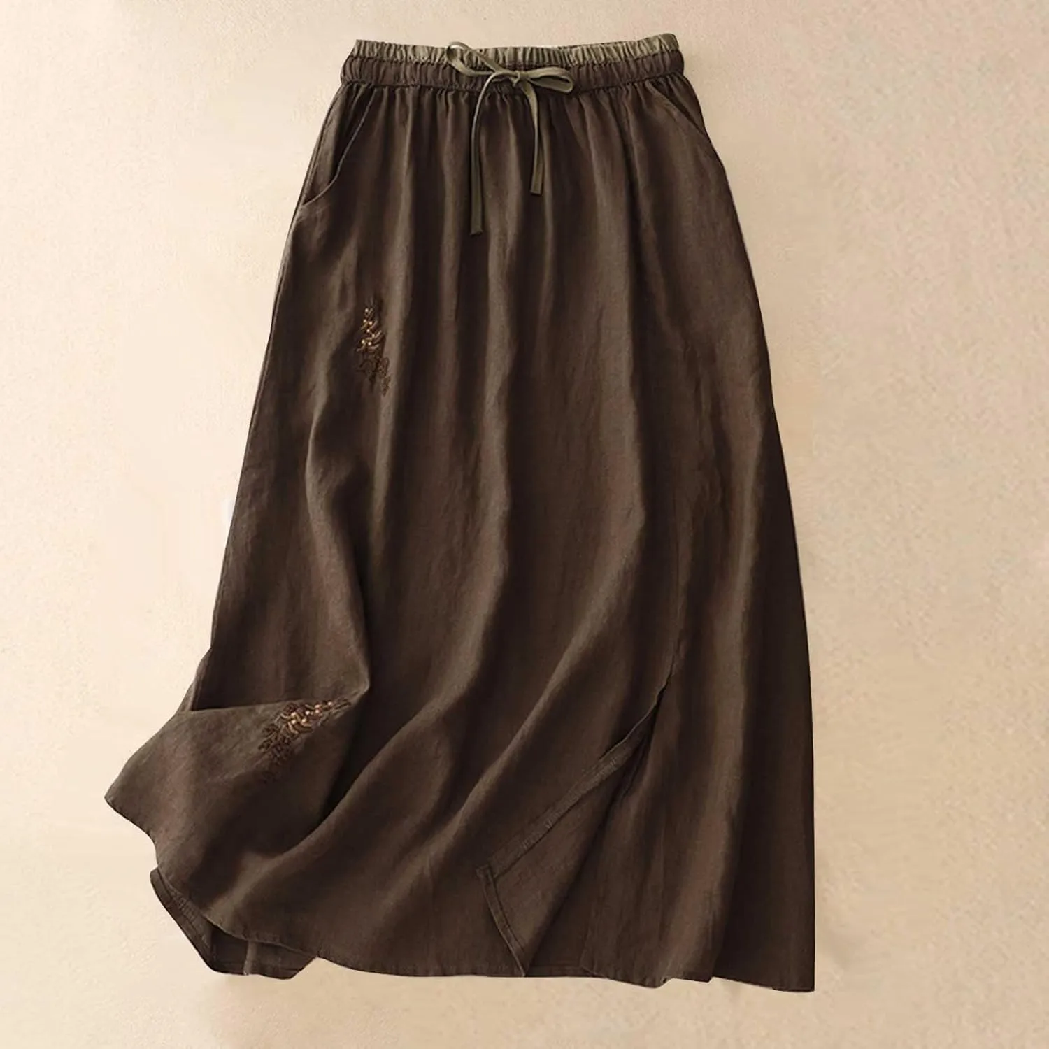 FZYLQY Embroidery Maxi Skirts for Women with Pockets Midi Length Long Skirt Casual Beach Party Holiday Cotton Linen Skirt