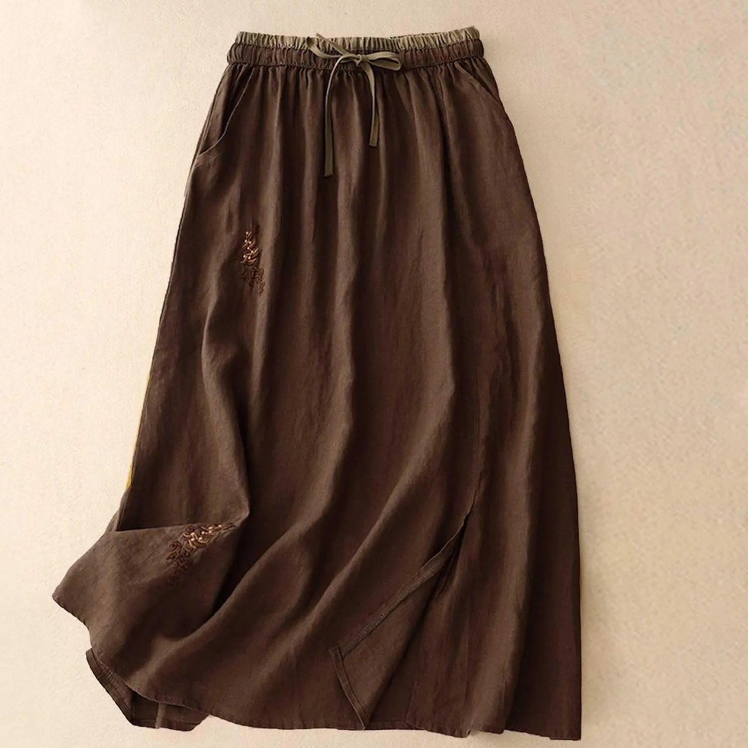 FZYLQY Embroidery Maxi Skirts for Women with Pockets Midi Length Long Skirt Casual Beach Party Holiday Cotton Linen Skirt