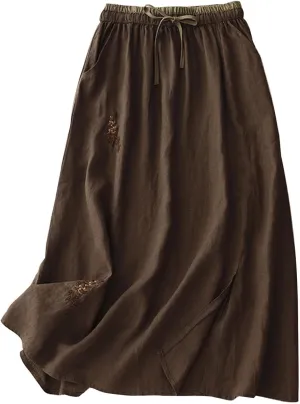 FZYLQY Embroidery Maxi Skirts for Women with Pockets Midi Length Long Skirt Casual Beach Party Holiday Cotton Linen Skirt