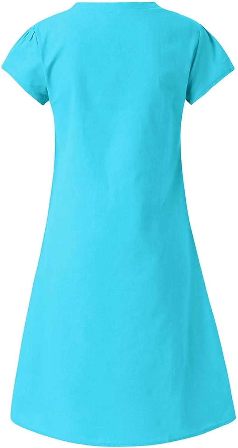 hlysgo Mini Dress for Women 2025 Summer Loose Comfy Cotton Linen Beach Dresses Plus Size Short Sleeve V Neck Casual Dress