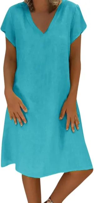 hlysgo Mini Dress for Women 2025 Summer Loose Comfy Cotton Linen Beach Dresses Plus Size Short Sleeve V Neck Casual Dress