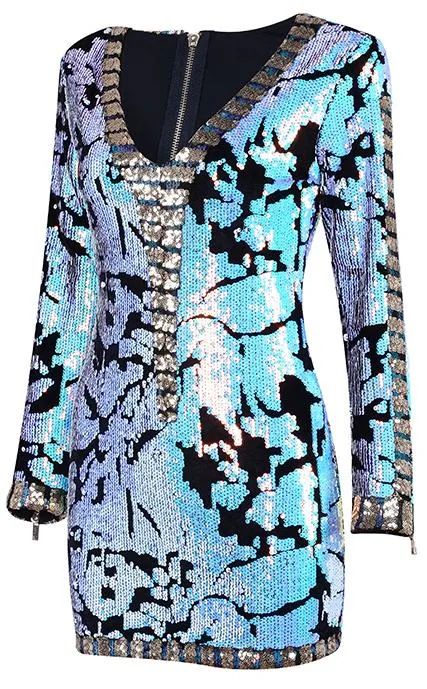 Light Blue Sequin-Embellished Long-Sleeve Mini Dress