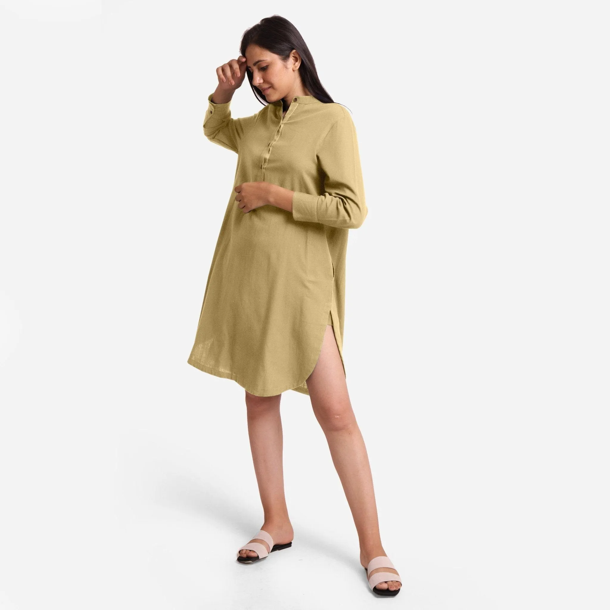 Light Khaki Cotton Flax Knee Length Shirt Dress