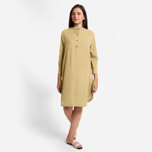 Light Khaki Cotton Flax Knee Length Shirt Dress