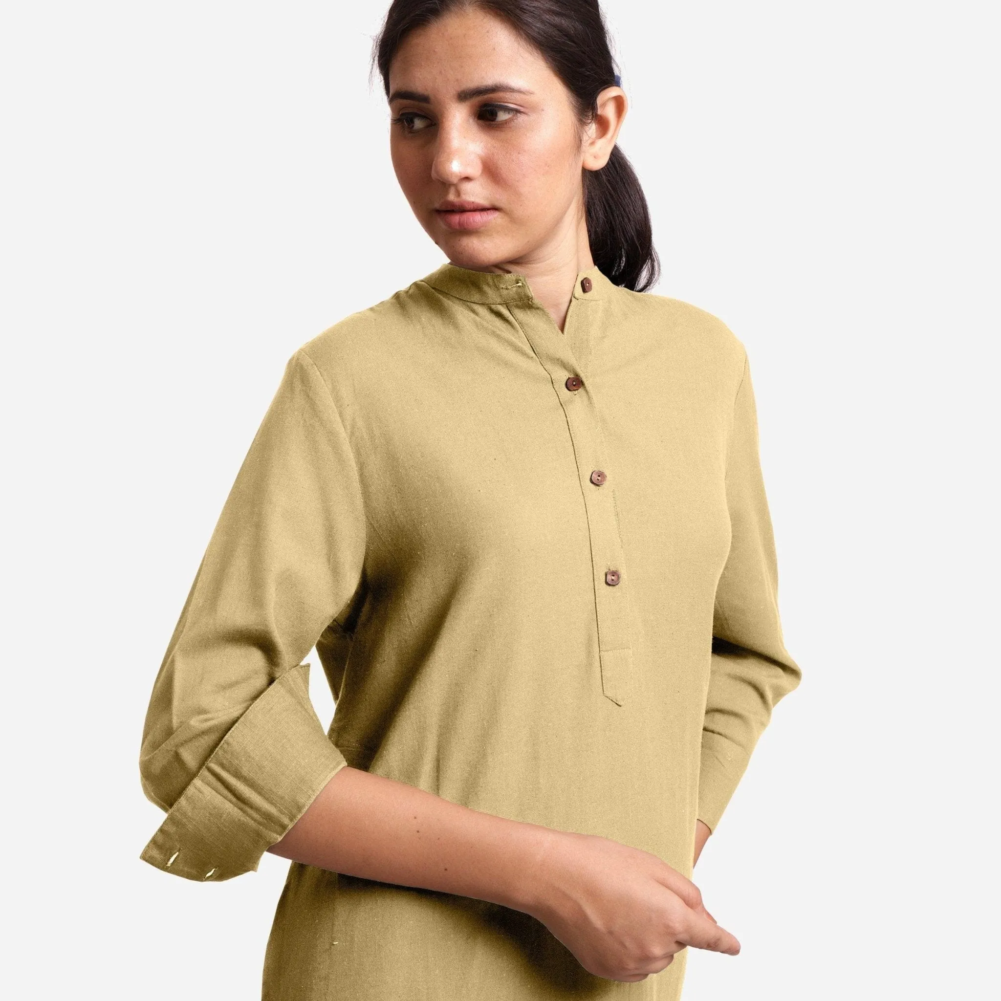 Light Khaki Cotton Flax Knee Length Shirt Dress