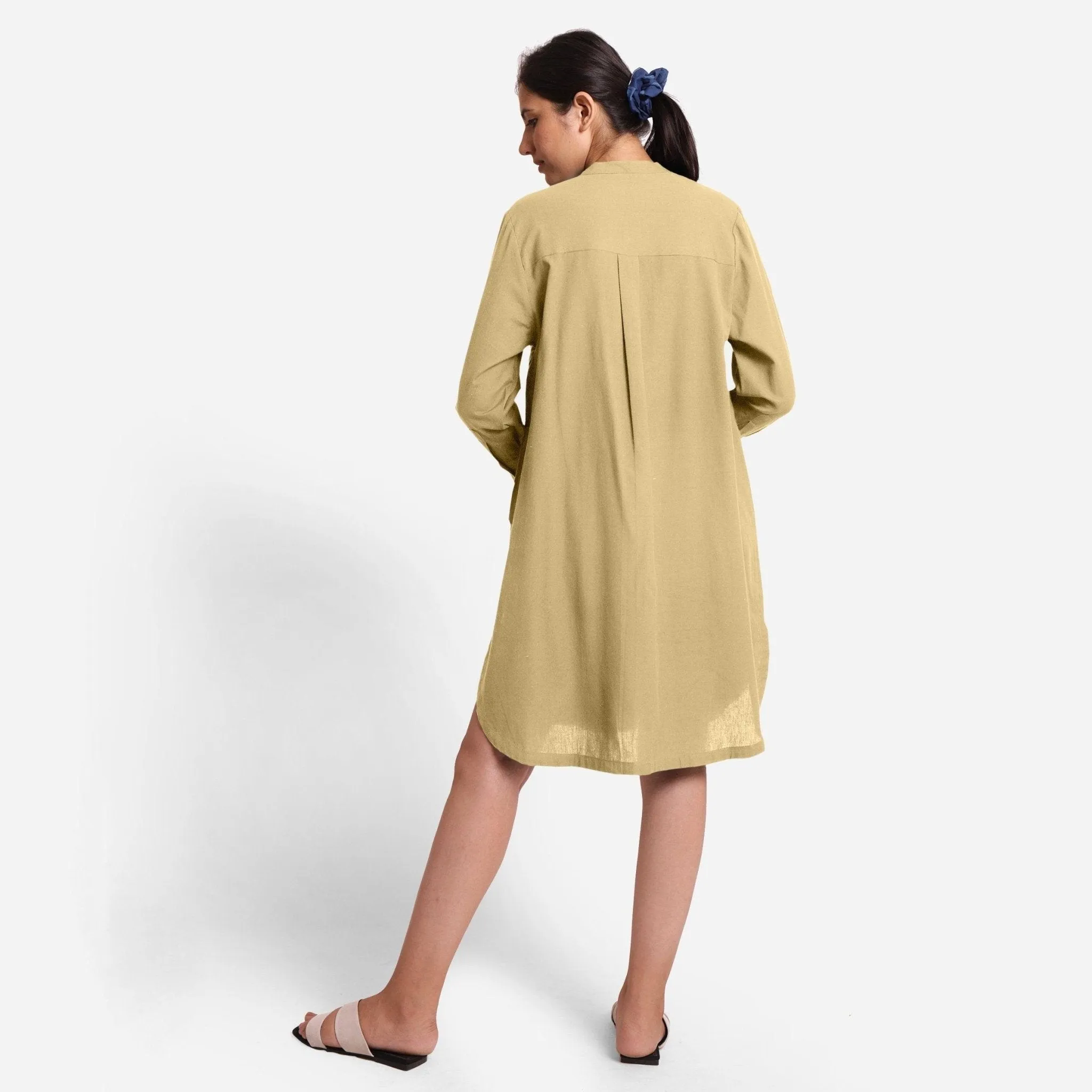 Light Khaki Cotton Flax Knee Length Shirt Dress
