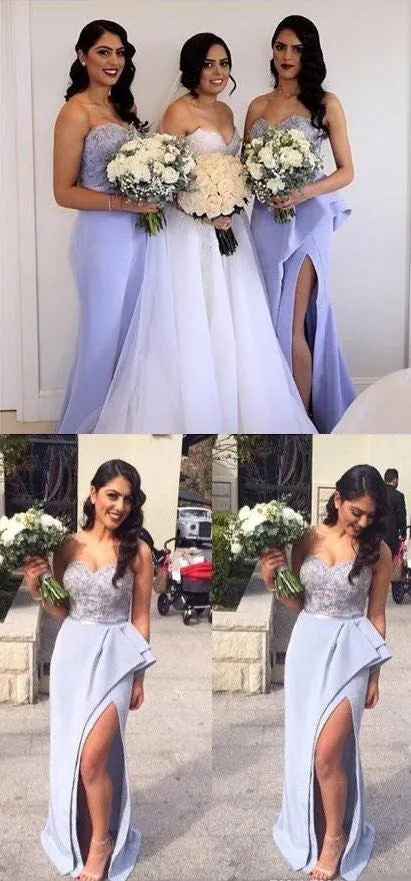 Lilac Asymmetrical Lace Top Light Blue Slit Bridesmaid Dresses