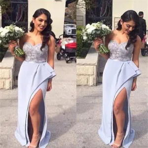 Lilac Asymmetrical Lace Top Light Blue Slit Bridesmaid Dresses