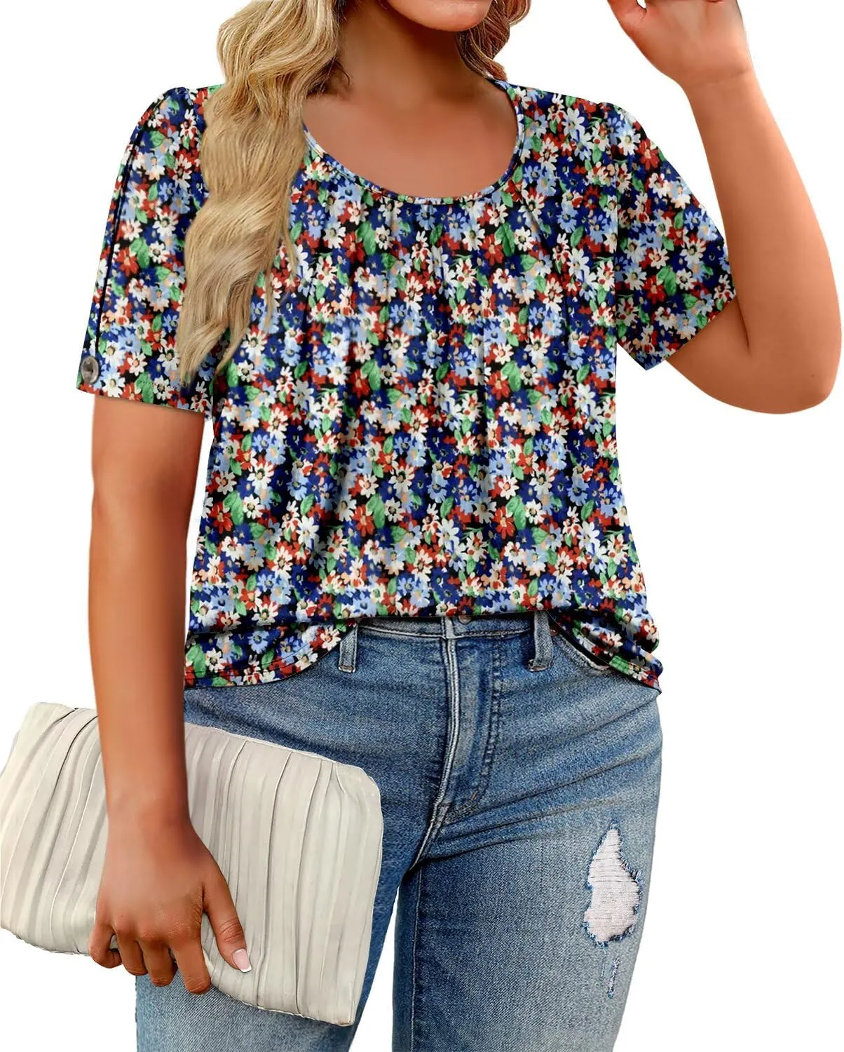Magritta Womens Plus Size Tops Flowy Summer Blouses Short Sleeve Shirts Pleated Dressy Tunic Tops
