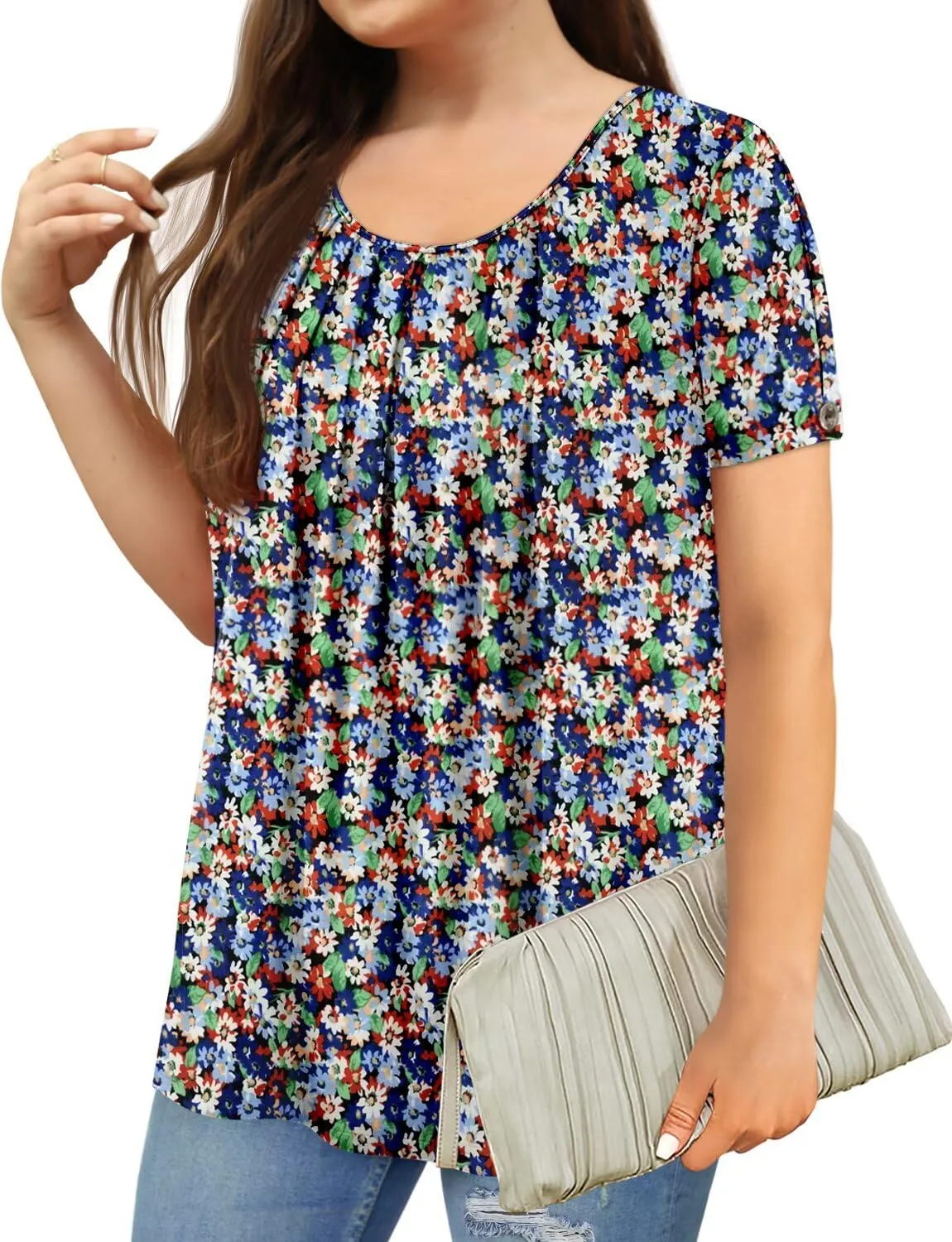 Magritta Womens Plus Size Tops Flowy Summer Blouses Short Sleeve Shirts Pleated Dressy Tunic Tops