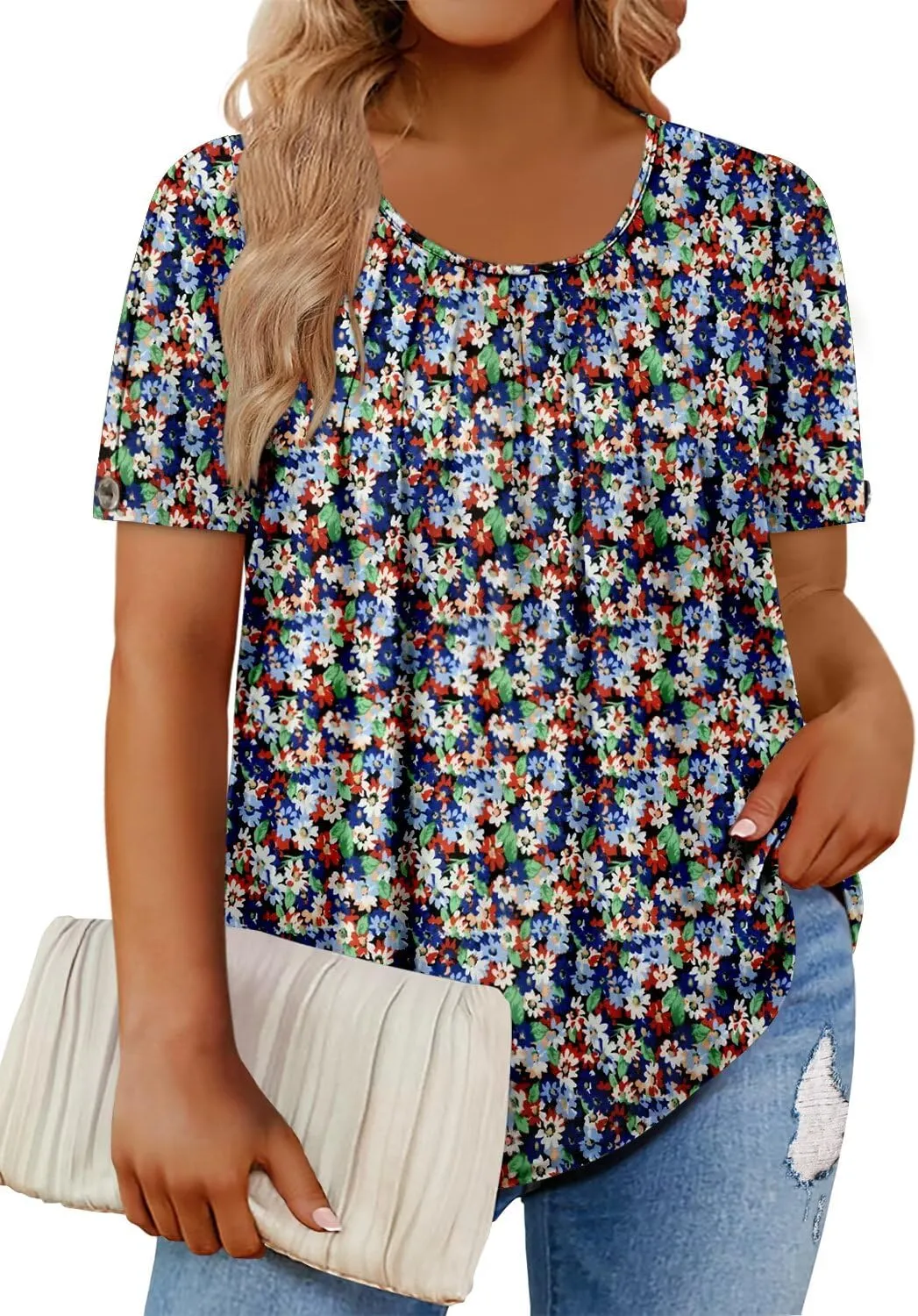 Magritta Womens Plus Size Tops Flowy Summer Blouses Short Sleeve Shirts Pleated Dressy Tunic Tops
