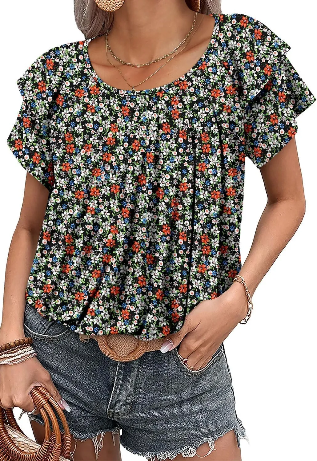 Magritta Women’s Shirts Dressy Casual Short Sleeve Blouses Loose Fit Pleated Front Summer Tunic Tops