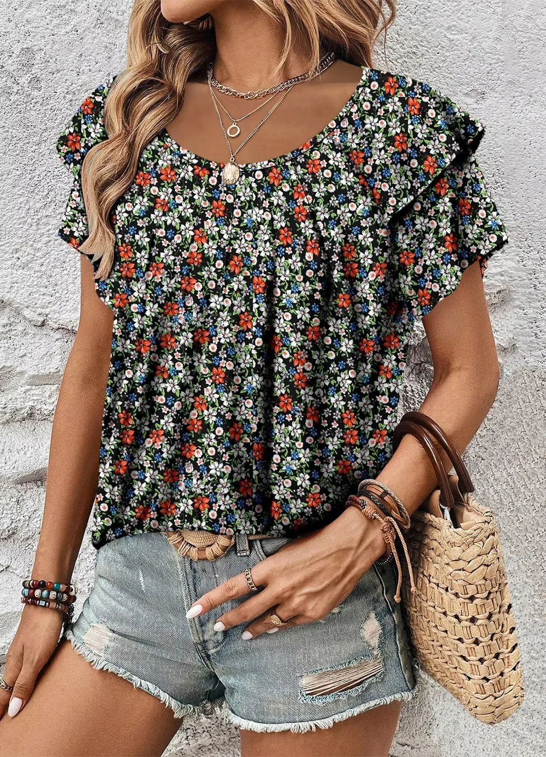 Magritta Women’s Shirts Dressy Casual Short Sleeve Blouses Loose Fit Pleated Front Summer Tunic Tops