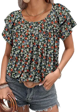Magritta Women’s Shirts Dressy Casual Short Sleeve Blouses Loose Fit Pleated Front Summer Tunic Tops