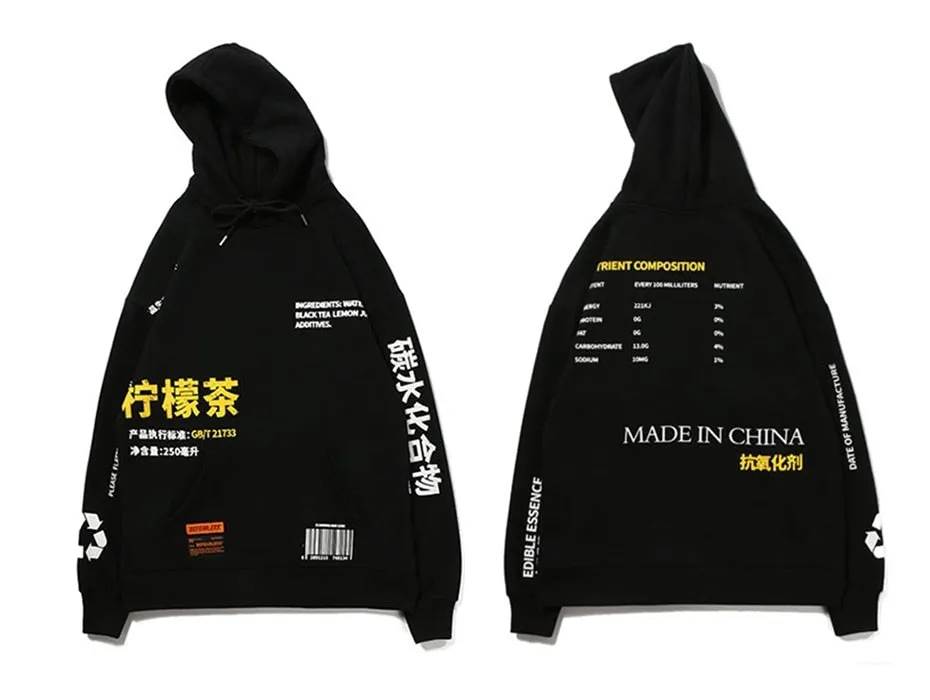 Men Hoodies Pullover fashion Streetwear LemonTea Print Deisgn Sweatshirt Hip Hop Autumn Winter Fleece Hoodie