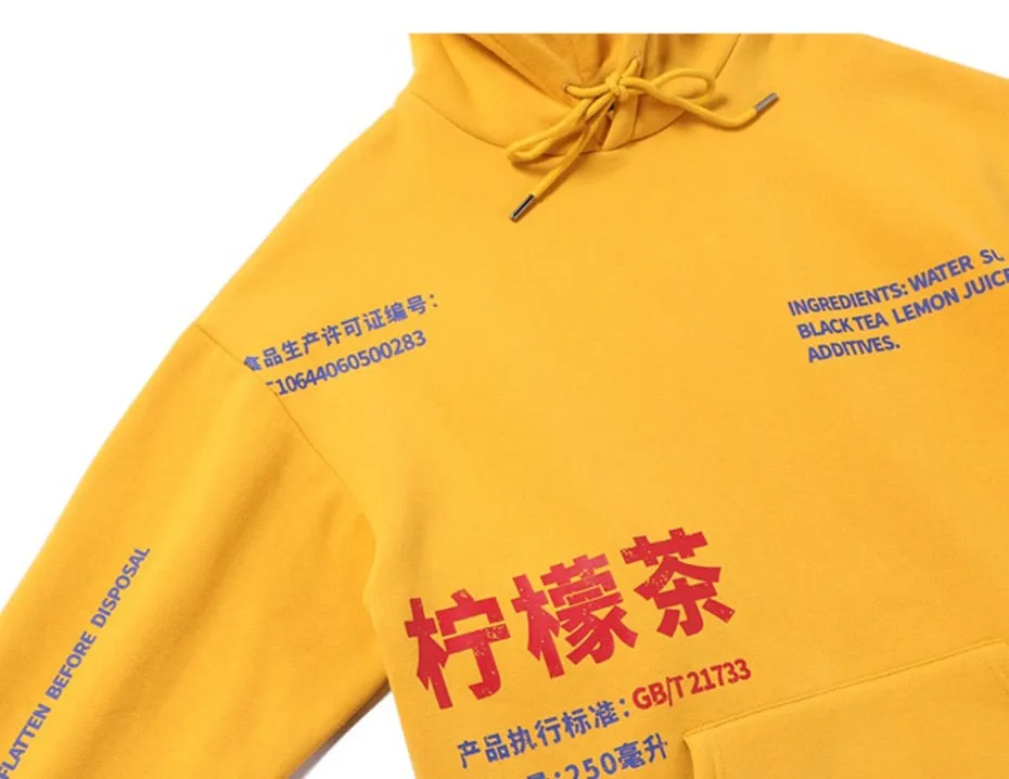 Men Hoodies Pullover fashion Streetwear LemonTea Print Deisgn Sweatshirt Hip Hop Autumn Winter Fleece Hoodie