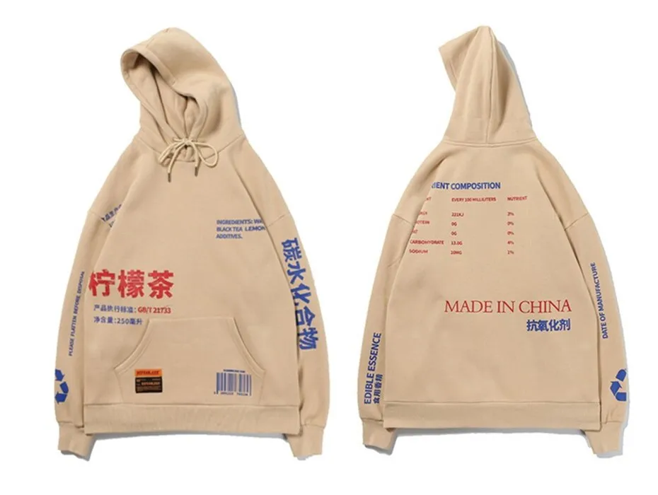 Men Hoodies Pullover fashion Streetwear LemonTea Print Deisgn Sweatshirt Hip Hop Autumn Winter Fleece Hoodie