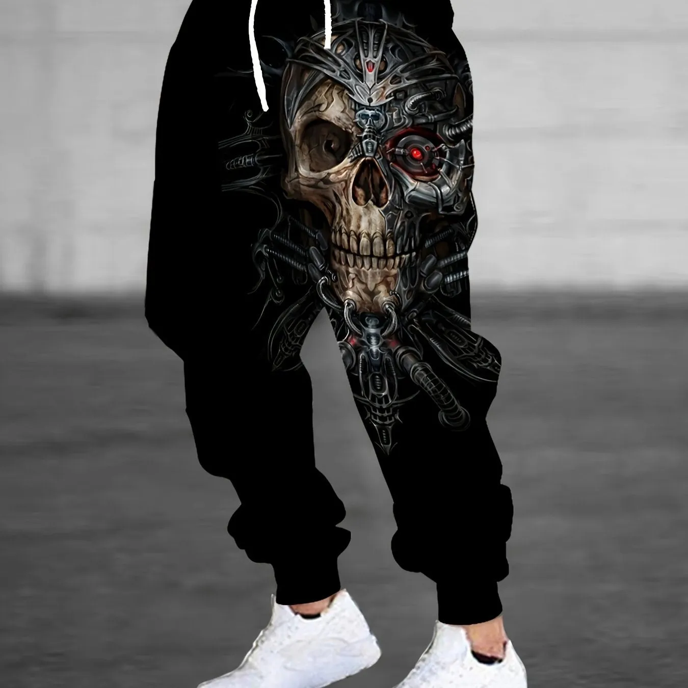 Men's 3D Skull Print Sweatpants, Casual Style, Stretch Polyester Fabric, Drawstring, Pockets, Regular Fit, Knit Construction, Novelty Clothing