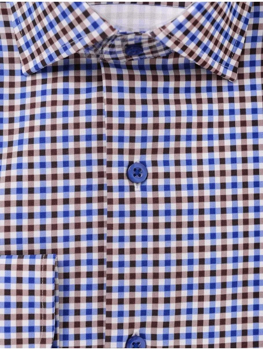 Mens Brown Check Spread Collar Wrinkle Resistant Stretch Slim Fit Dress Shirt