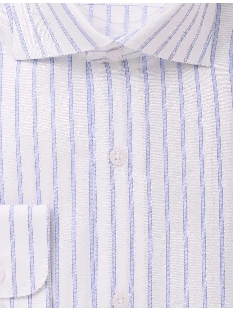 Mens Cotton Blend Blue Striped Slim Fit Spread Collar Dress Shirt