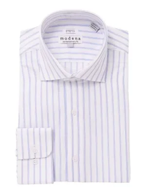 Mens Cotton Blend Blue Striped Slim Fit Spread Collar Dress Shirt